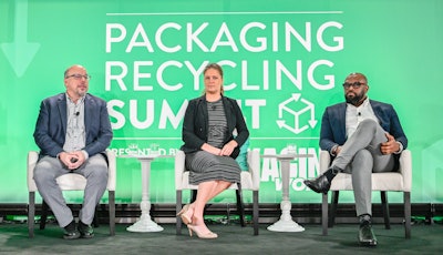 (l. to r.) Scott DeFife, president of the Glass Packaging Institute (GPI), Laura Hennemann, senior VP of Sustainability & Corporate Affairs at SMI, and Gabriel Opoku-Asare, director of Society/ESG at Diageo North America.