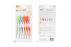 For product categories such as these infant spoons, Munchkin is using a new paper cable tie with a molded pulp backing plate to hold the products in place on the blister card.