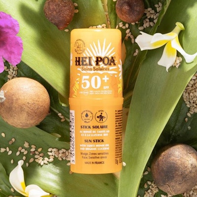 Hei Poa's new reusable sun stick packaging is made from 50% PCR plastic.