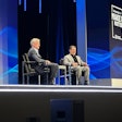 Rev Lebaredian (right), VP of omniverse and simulation tech at Nvidia, joined Rockwell CEO Blake Moret on stage to address AI in industrial automation.