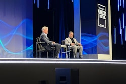 Rev Lebaredian (right), VP of omniverse and simulation tech at Nvidia, joined Rockwell CEO Blake Moret on stage to address AI in industrial automation.