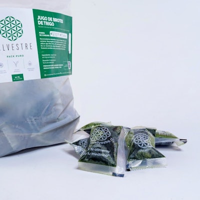 Soy Silvestre's new compostable wheatgrass shot sachets can securely contain the product through freezing and defrosting.