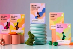 Demonstrating the saturated pastels trend is packaging for Loving Earth’s line of confections.