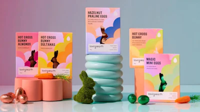 Demonstrating the saturated pastels trend is packaging for Loving Earth’s line of confections.