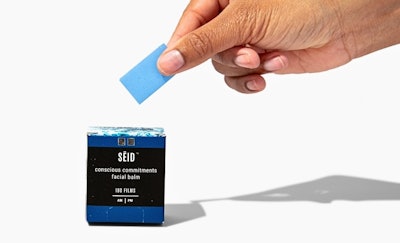 Seid Altered Perceptions Facial Cleanser and Seid Conscious Commitments Facial Balm products come in a dainty, palm-sized paperboard carton that’s perforated along the front and bottom panel to allow for easy access to the product strips. Image courtesy of Nwar Skin.