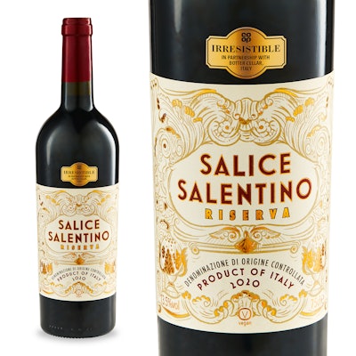 Label graphics for Co-op’s Irresistible Salice Salentino wine draw on classic Italian stonework, while modern typography and a red and gold color scheme evoke both the region’s history and the wine’s premium provenance. Photo courtesy of Equator Design