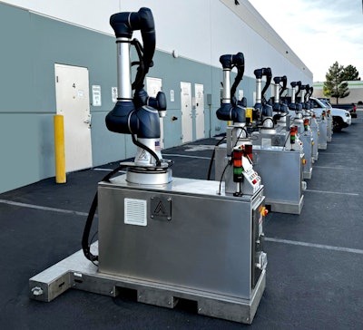 Model CP-200 collaborative palletizers take up very little space and do not require a cage. Systems are available for lease or short-term rental.