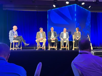 PMMI VP Tom Egan led a CPG Sustainability Panel at PMMI's ELC, with from left Michael Collins, vice president of Sales and marketing for Sterling Contract Packaging, Inc.; Jim Prunesti, Senior VP of Engineering from ConAgra Brands; Matt Reynolds, Chief Editor, Packaging World magazine and Laura Shimmin, Associate Director of Packaging R&D at Mars Wrigley.