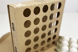 The pack features perforations and holes to accommodate variations in egg sizes while improving stacking stability and protection during transit.
