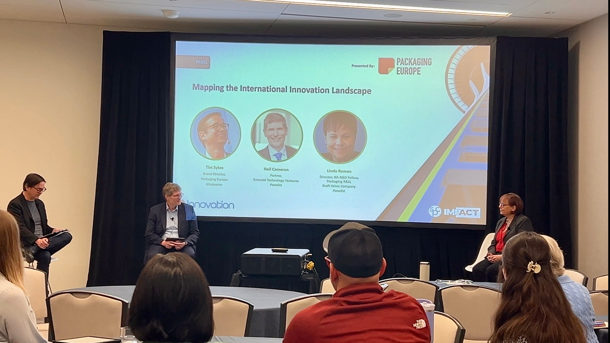 Tim Sykes, Brand Director, Packaging Europe, Neil Cameron, Partner, Emerald Technology Ventures, and Linda Roman, Director, NA R&D Fellow, Packaging R&D, Kraft Heinz Company at SPC Impact in Seattle.