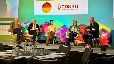 (l. to r.) • Kevin Vyse of ProAmpac; David Walker of UB Forest Industry Green Growth Fund; Laura Smith of Ellen MacArthur Foundation; Sian Sutherland of A Plastic Planet; and Adam Leyland of The Grocer.
