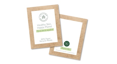 The 80% paper packette features a simplified, two-ply, mono-dose structure of paper and a dual-purpose barrier and sealant layer and will be used for Origins’ skin care product sampling. Image courtesy of Arcade Beauty.