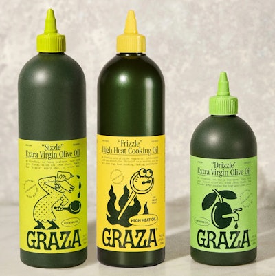 Graza’s playful, color-rich labels break convention in the olive oil aisle, using bold typography, squeezable bottles, and whimsical illustrations to instantly signal freshness and fun.