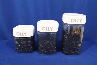 The Olly supplement jars differ in height, but not footprint, between the three sizes on the line.