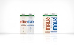 The above image shows Malk Organics' oat and almond milk product packaging before (left) and after (right) its redesign.