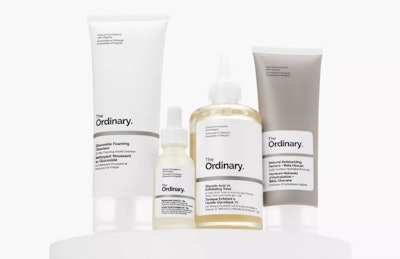 The Ordinary’s clinical-style labels use small fonts, monochrome palettes, and pharmaceutical cues to convey scientific credibility and minimalist sophistication.
