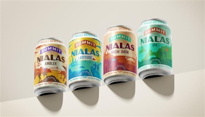 Each can of Nialis non-alcoholic beer depicts silhouetted hikers or explorers bearing flags—a symbolic nod to Summit’s entry into the NA segment.