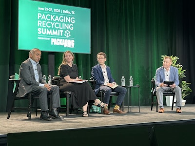 JD Ambati, CEO and founder of EverestLabs (left), with Megan Daum, VP, sustainability at American Beverage (center left) and Scott Breen, senior VP of sustainability at CMI (center right)