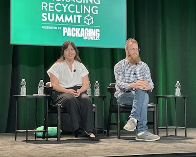 Madeline Tien, sustainability specialist at Once Upon a Farm (left), and Ryan Smith, CEO at Recyclops (right)