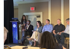 (from left, speaking) Prakash Christopher, Kenvue; Maryann Moschides, ScanBuy; Scott Jackson, Datalogic; Paul Wawrzyniak, Wegmans; and Steven Keddie, GS1.