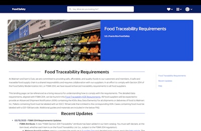 Walmart's Food Traceability Requirements landing page for brands.
