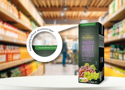 Aldi’s Rio d’oro grape juice debuts in SIG’s aluminum-free Terra packaging—made of over 80% paper—to help cut carbon and boost recyclability, while maintaining full barrier protection.