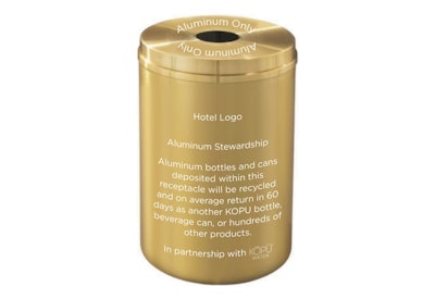 Custom-branded aluminum recycling bins from Kopu support hotel sustainability goals while educating guests on the circular journey of every bottle.