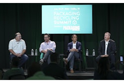 (From l. to r.) Jim Marcinko of WM, Justin Davis of AMP, Joaquin Mariel of Balcones, and Jeff Snyder of Rumpke discussed the business of MRFs at the Packaging Recycling Summit.