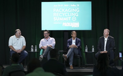 (From l. to r.) Jim Marcinko of WM, Justin Davis of AMP, Joaquin Mariel of Balcones, and Jeff Snyder of Rumpke discussed the business of MRFs at the Packaging Recycling Summit.