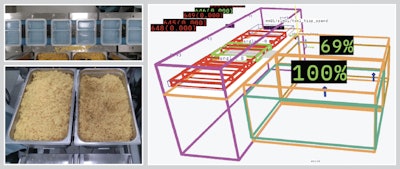 Chef Robotics’ AI-based perception system uses real-time camera vision and bounding boxes to verify tray fill levels and ingredient placement—ensuring accuracy, consistency, and reduced giveaway across high-mix production.
