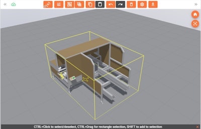 Starting the layout: First module placed in the defined workspace The first step in the design process is to select and position a module - in this case, a case erector. Using the intuitive interface, the module is configured to match the packaging requirements and inserted directly into the layout area.