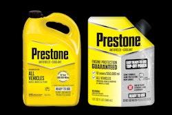 Prestone’s legacy 1-gallon HDPE jug (left) remains in the market for full flush-and-fill use cases, while a new 1-quart flexible pouch (right) enters the lineup to address top-off needs. The pouch, which uses 60% less plastic, is designed to be self-standing without secondary packaging and features a child-resistant spout.