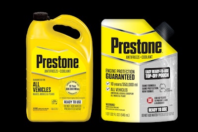 Prestone’s legacy 1-gallon HDPE jug (left) remains in the market for full flush-and-fill use cases, while a new 1-quart flexible pouch (right) enters the lineup to address top-off needs. The pouch, which uses 60% less plastic, is designed to be self-standing without secondary packaging and features a child-resistant spout.