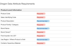 An excerpt from the Sustainable Packaging Data Council’s Oregon EPR reporting template, showing product-level attributes such as product code, brand owner, and hazardous material status. Fields are marked as required or recommended to guide brand owners through compliance.