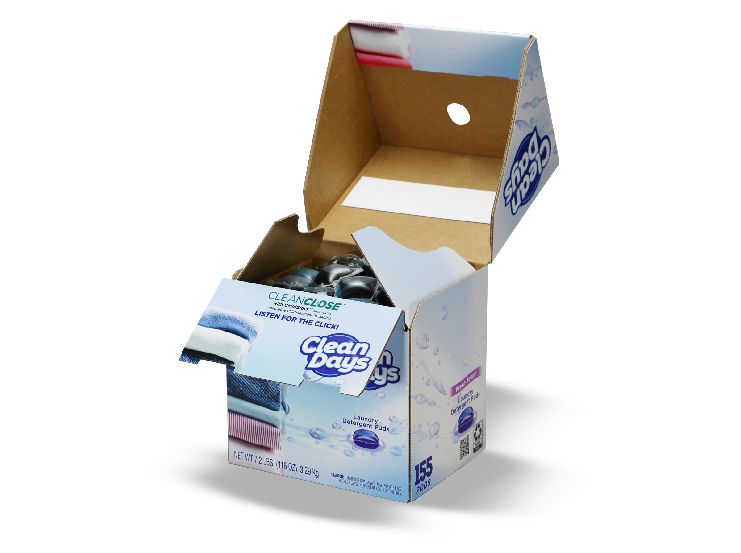 Interior view of the CleanClose carton showing the specialty fold-and-glue structure and audible &ldquo;click&rdquo; closure for child resistance.