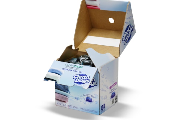 Interior view of the CleanClose carton showing the specialty fold-and-glue structure and audible “click” closure for child resistance.