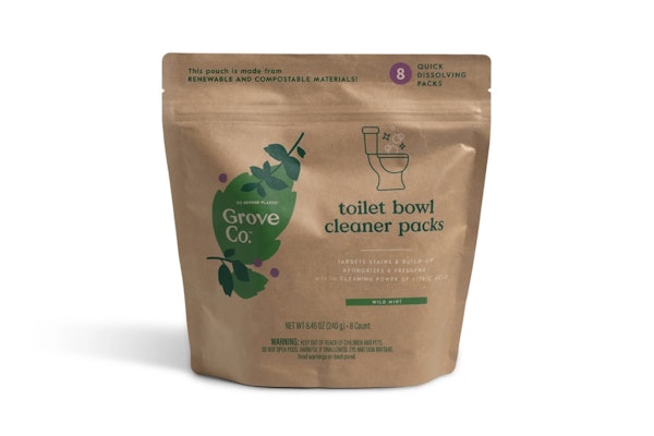 The cleaner sachets are packed in a home-compostable pouch that combines FSC paper, cellulose, and a biopolymer film. The compostable zipper is made from PLA.