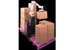 Robotic arm stacking cardboard boxes on purple warehouse pallets