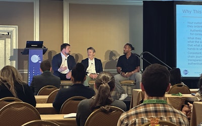 Nick Viskovich (left) and Michael Manley (center) of Amazon detail how on-pack 2D barcodes underpin anti-counterfeiting and validation efforts used by the company’s Transparency initiative in a panel moderated by GS1 US’s Andrew Moorhead (right).