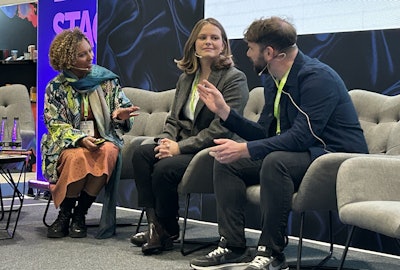 Moderator Claire Domergue, of Luxus + (left), leads a discussion with Camille Ten Horn of Carré Basset and Ben Saltmer of Bentley Motors during the presentation of Bentley’s Become fragrance at London Packaging Week.