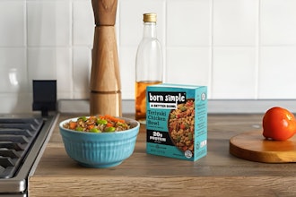 Born Simple’s Terriyaki Chicken Bowl is packaged in a six-layer Tetra Pak retortable carton: four polypropylene layers, one aluminum barrier, and paperboard making up nearly 70% of the structure.