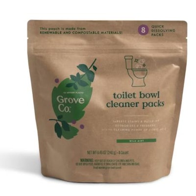 The structure of the pouch includes a laminated combination of FSC-certified paper, cellulose, and biopolymer films.