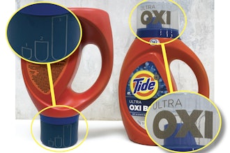 Tide’s polypropylene caps undergo LaserSharp marking on two sides. On the left, we see an inverted bottle where Tide’s blue detergent is completely filling the dosing cap. Fill-level guidelines are visible both when detergent is in the cap as pictured, and when the cap is empty. On the upper right, we see the OXI logo on the other side of the cap. This branding/logo was also marked on the cap in the LaserSharp process.