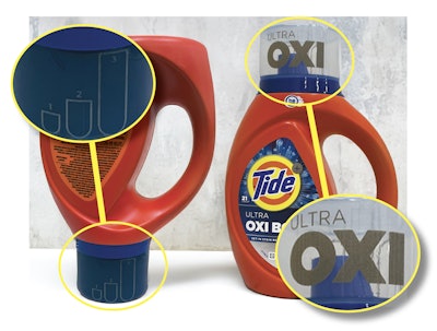 Tide’s polypropylene caps undergo LaserSharp marking on two sides. On the left, we see an inverted bottle where Tide’s blue detergent is completely filling the dosing cap. Fill-level guidelines are visible both when detergent is in the cap as pictured, and when the cap is empty. On the upper right, we see the OXI logo on the other side of the cap. This branding/logo was also marked on the cap in the LaserSharp process.