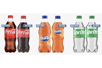 Lightweighting continues to drive measurable progress in packaging reduction. Coca-Cola’s redesigned bottles, shown here across several brands, lower PET weight from 21 g to 18.5 g for key sizes, a 12% reduction expected to cut PET use by 3 megatons by 2025.