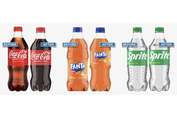 Lightweighting continues to drive measurable progress in packaging reduction. Coca-Cola’s redesigned bottles, shown here across several brands, lower PET weight from 21 g to 18.5 g for key sizes, a 12% reduction expected to cut PET use by 3 megatons by 2025.