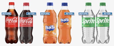Lightweighting continues to drive measurable progress in packaging reduction. Coca-Cola’s redesigned bottles, shown here across several brands, lower PET weight from 21 g to 18.5 g for key sizes, a 12% reduction expected to cut PET use by 3 megatons by 2025.