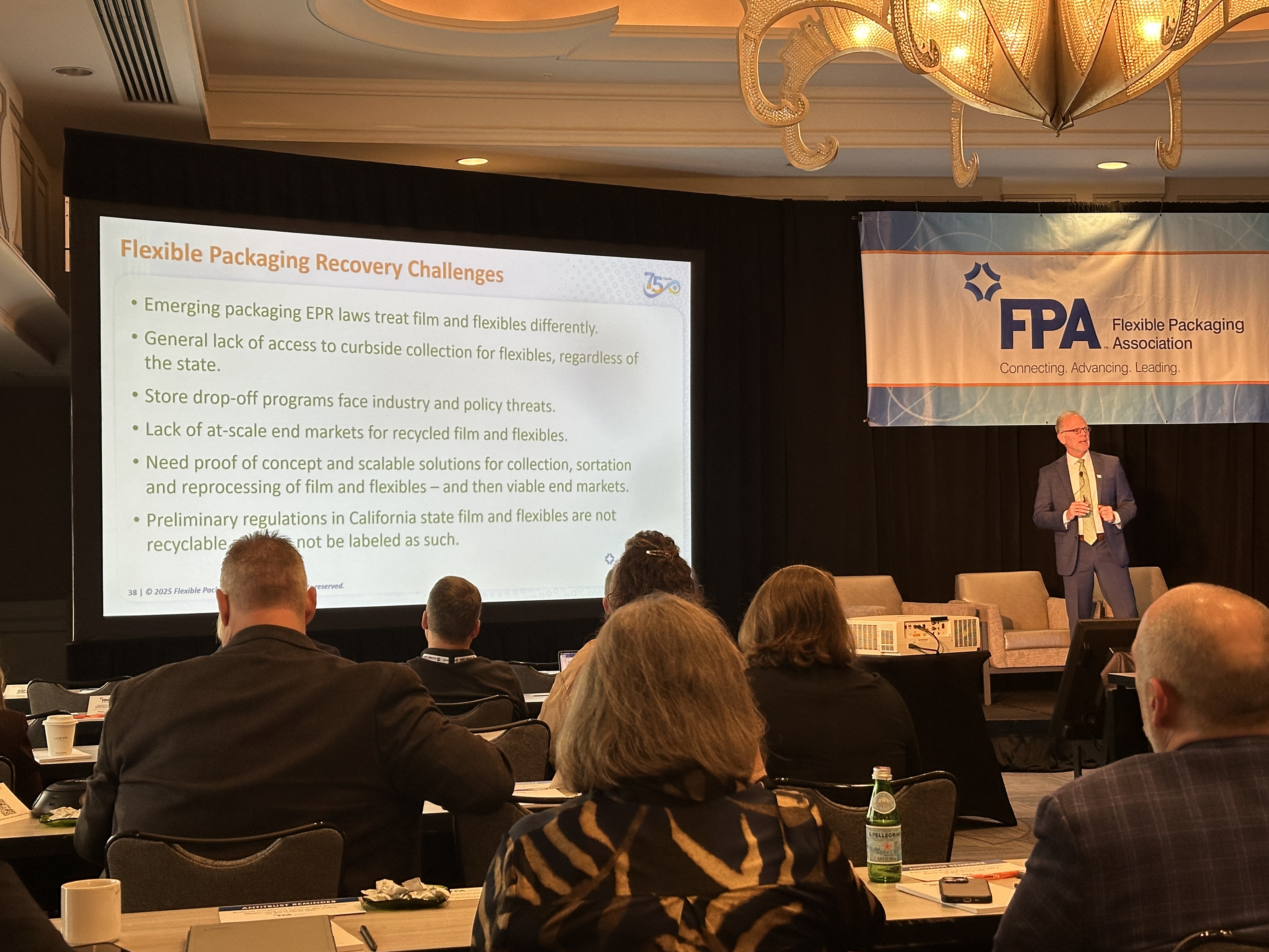 Dan Felton, FPA president and CEO, outlines the recovery challenges facing flexible packaging&mdash;including limited curbside access and lack of end markets&mdash;during the association&rsquo;s 2025 State of the Industry presentation.
