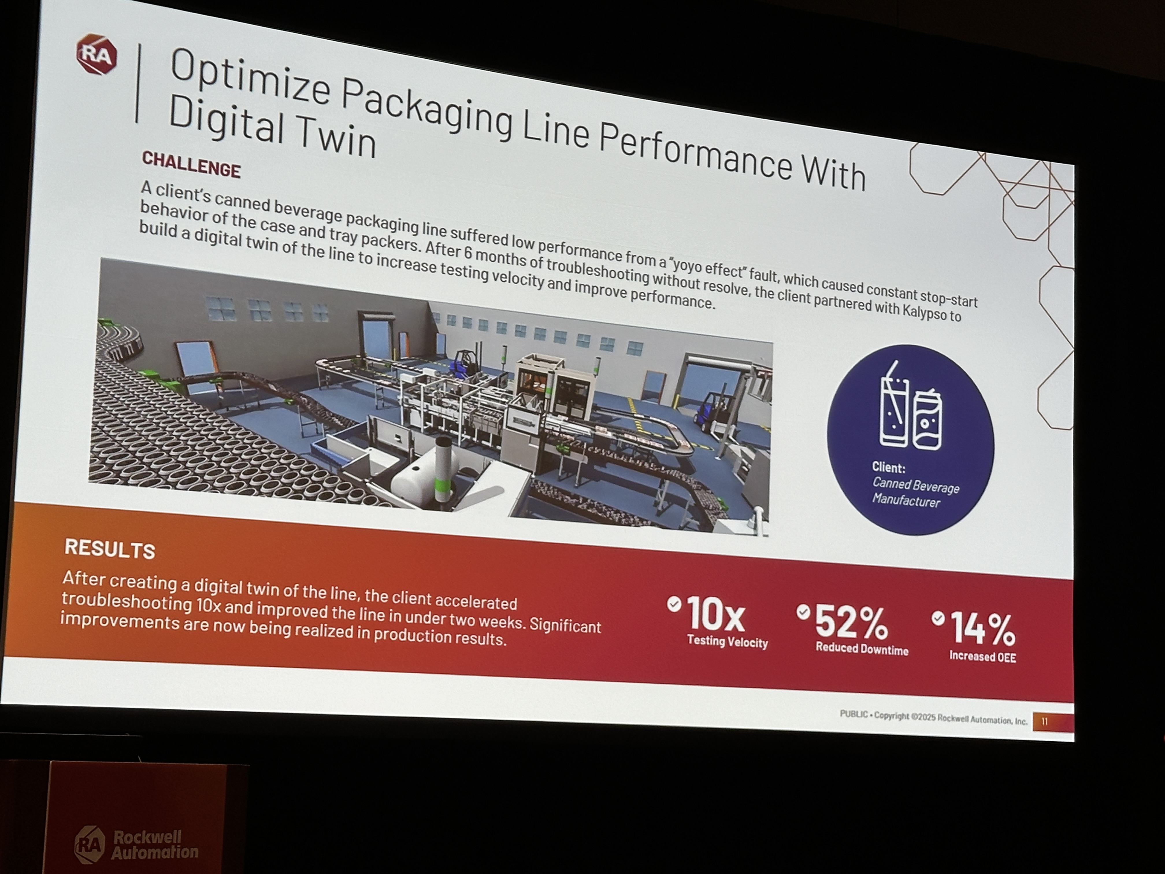 A canned beverage manufacturer used a digital twin of its case and tray packing line to diagnose a persistent &ldquo;yo-yo effect&rdquo; fault. By testing virtually instead of on the live line, the team accelerated troubleshooting 10&times;, reduced downtime by 52%, and improved OEE by 14%.
