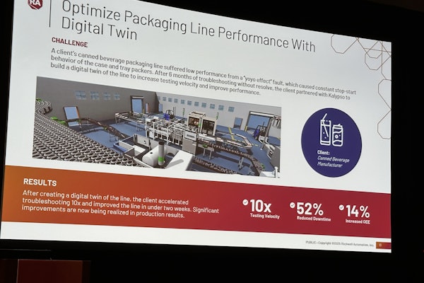 A canned beverage manufacturer used a digital twin of its case and tray packing line to diagnose a persistent “yo-yo effect” fault. By testing virtually instead of on the live line, the team accelerated troubleshooting 10×, reduced downtime by 52%, and improved OEE by 14%.